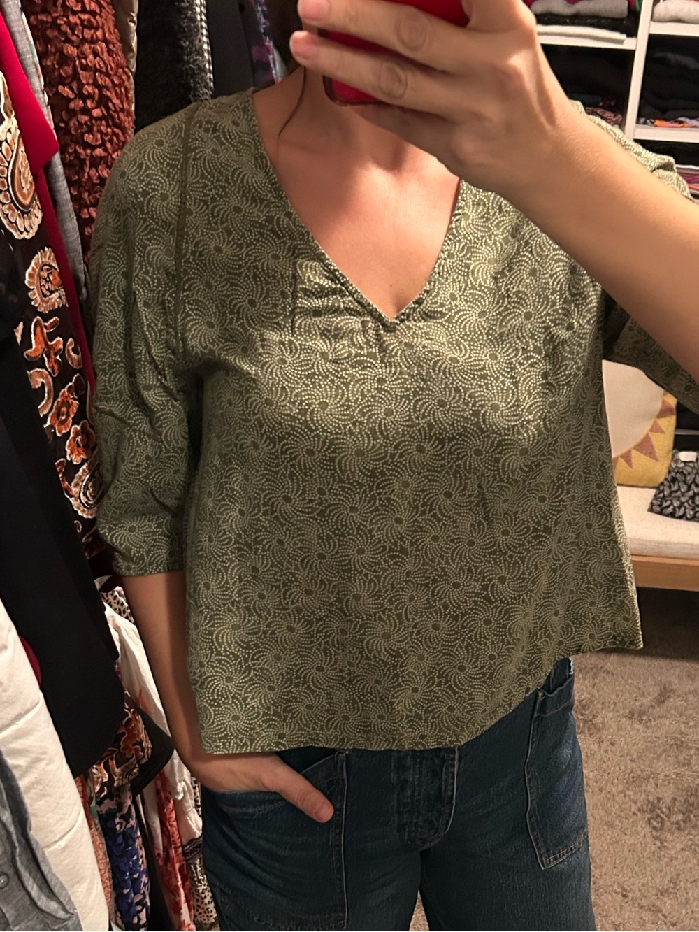 100% cotton - Treasure & Bond Olive Green Printed Peasant Blouse